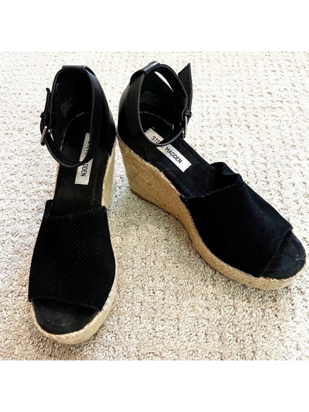 Steve Madden Josey Black Wedges Women Size 9.5 Espadrille Sandals Ankle Strap